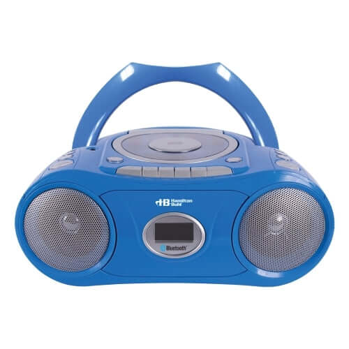 Blue Bluetooth boombox for schools, ideal for educational listening centers and paired with bulk school headphones.