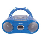 Blue Bluetooth boombox for schools, ideal for educational listening centers and paired with bulk school headphones.