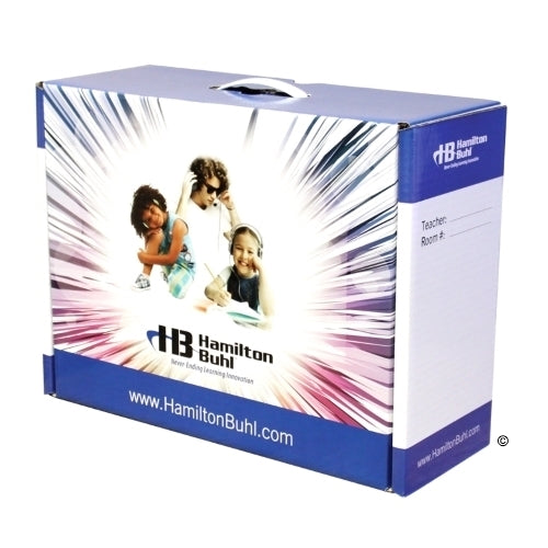HamiltonBuhl Listening Center box featuring children using headphones, ideal for bulk school headphones in classroom settings.