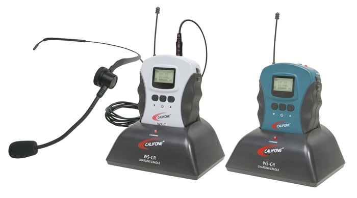 Wireless Upgrade Package with headset, transmitter, receiver, and charging cradles for school audio systems.