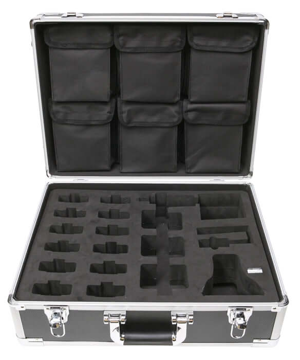 Wireless Audio System Case with compartments for secure storage of bulk school headphones and audio devices.