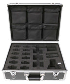Wireless Audio System Case with compartments for secure storage of bulk school headphones and audio devices.