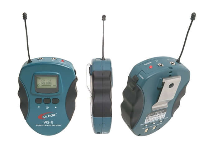 Wireless audio system receiver for education, compatible with bulk school headphones, featuring dual headphone jacks and belt clip.