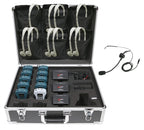 10-Person Tour Group System with bulk school headphones, transmitter, mic, and headphone pack for school.