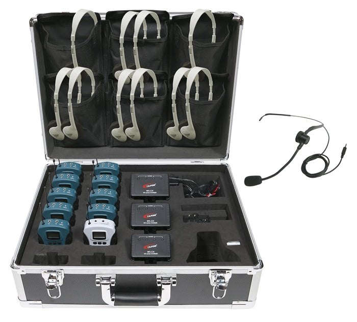 10-Person Tour Group System with bulk school headphones, transmitter, mic, and headphone pack for school.