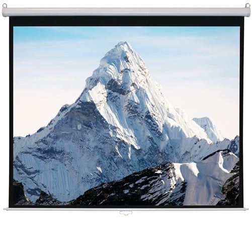 Matte White 70'' x 70'' projector screen showcasing a stunning mountain view, ideal for classrooms and presentations.