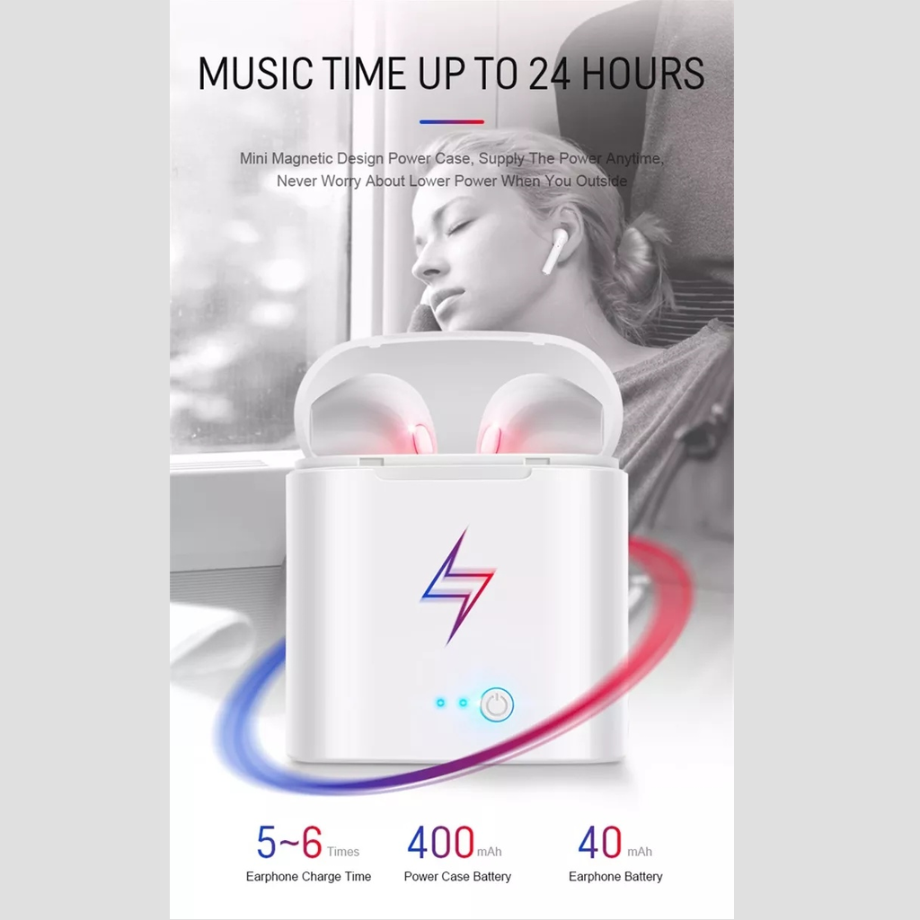 Wireless earbuds in charging case showcasing up to 24 hours music time, perfect for school use and flexible learning.