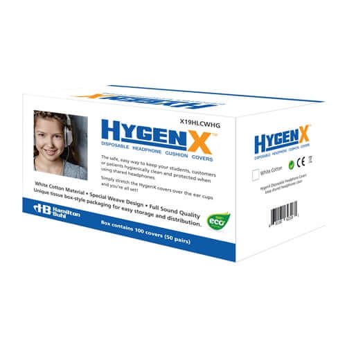 HygenX disposable headphone cushion covers box for bulk school headphones, 100% cotton for hygiene in educational settings.