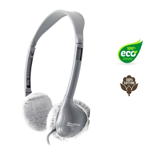 Eco-friendly HygenX sanitary ear cushions on grey headphones for bulk school headphones and educational use.