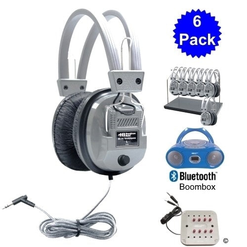 6 pack of SC-7V Deluxe School Headphones with Bluetooth Boombox for educational use, ideal for classrooms.