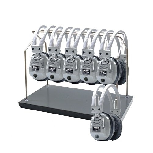 Headphone rack displaying six bulk school headphones for education, ideal for classroom listening centers.
