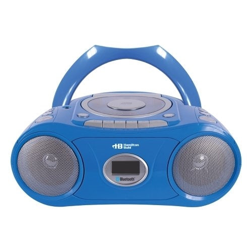 Blue boombox media player with Bluetooth for educational use in classrooms and listening centers.