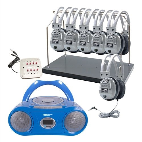 Cassette-CD-AM-FM Listening Center with six bulk school headphones on rack for education and classroom use.