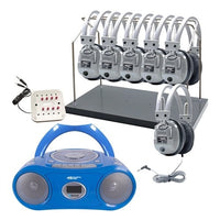 Thumbnail for Cassette-CD-AM-FM Listening Center with six bulk school headphones on rack for education and classroom use.