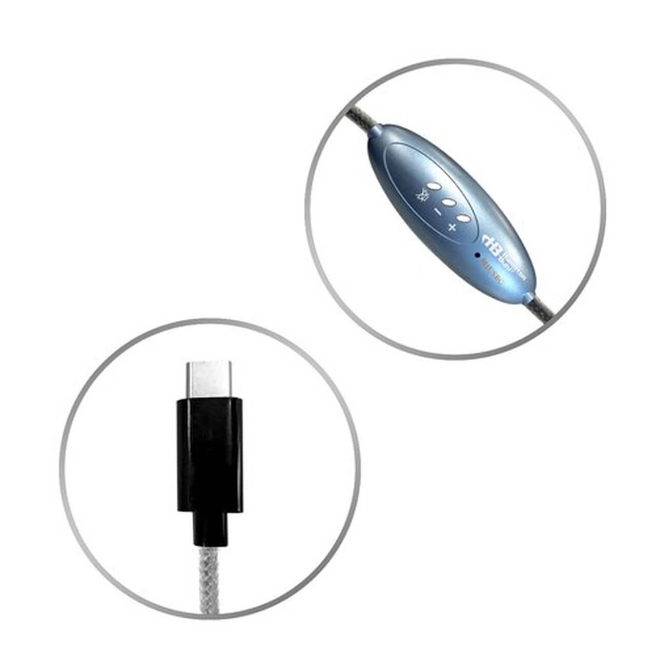 Close-up of MACH-1 multimedia headset showing USB-C connector and in-line volume control, ideal for school headphones.