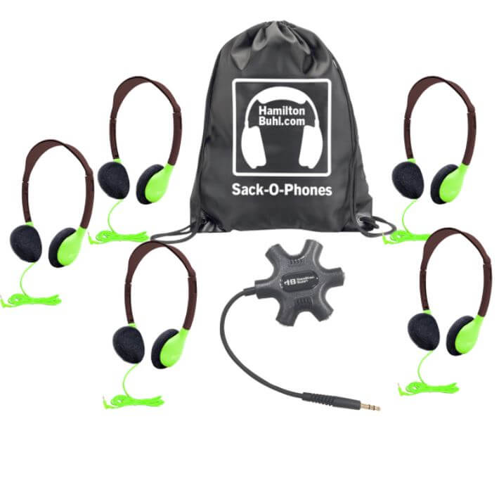 Línea Galaxy™ Econo de Sack-O-Phones con 5 audífonos verdes de tamaño personal (HA2-GRN), caja para conector Starfish y bolsa de transporte