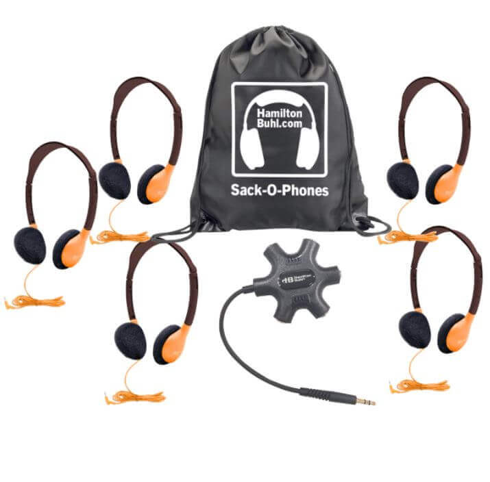 HamiltonBuhl Galaxy Sack-O-Phones - 5 Pack - Orange headphones, Jackbox, and carry bag for bulk school headphones.