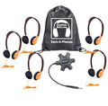 HamiltonBuhl Galaxy Sack-O-Phones - 5 Pack - Orange headphones, Jackbox, and carry bag for bulk school headphones.
