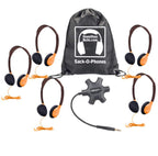 HamiltonBuhl Galaxy Sack-O-Phones - 5 Pack - Orange headphones, Jackbox, and carry bag for bulk school headphones.