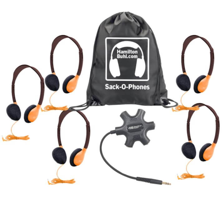 Línea Galaxy™ Econo de Sack-O-Phones con 5 audífonos naranjas de tamaño personal (HA2-ORG), caja para conector Starfish y bolsa de transporte