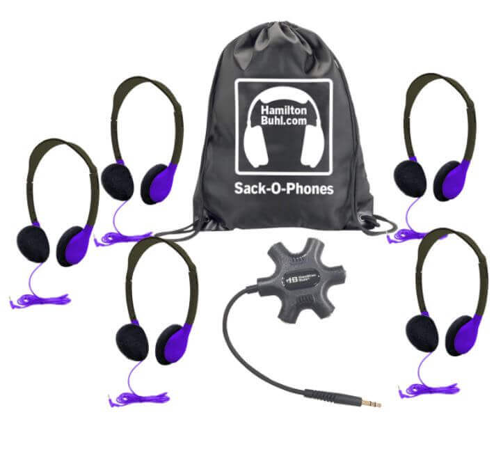 HamiltonBuhl Galaxy Sack-O-Phones - 5 Pack - Purple with headphones and bag