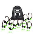 HamiltonBuhl HA2 Sack-O-Phones - Green - 10 Pack including personal headphones and carrying bag.