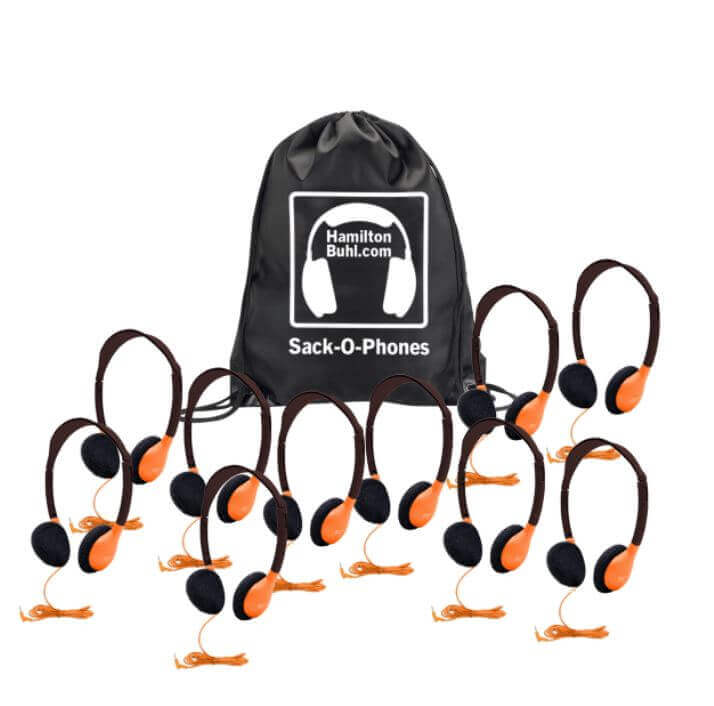 HamiltonBuhl HA2 Sack-O-Phones - Orange - 10 Pack headphones with carrying bag, ideal for classroom use.
