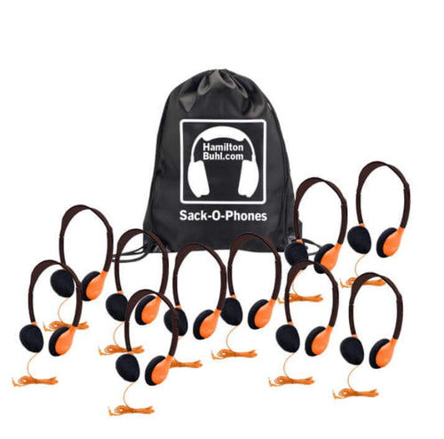 HamiltonBuhl HA2 Sack-O-Phones - Orange - 10 Pack headphones with carrying bag, ideal for classroom use.
