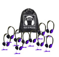 HamiltonBuhl HA2 Sack-O-Phones - Purple - 10 Pack with a carrying bag and multiple headphones.