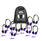 HamiltonBuhl HA2 Sack-O-Phones - Purple - 10 Pack with a carrying bag and multiple headphones.