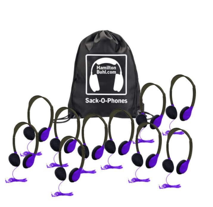 HamiltonBuhl HA2 Sack-O-Phones - Purple - 10 Pack with a carrying bag and multiple headphones.