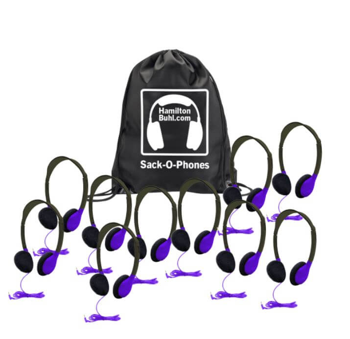 HamiltonBuhl Sack-O-Phones, 10 auriculares personales en color morado (HA2-PPL) en una bolsa de transporte