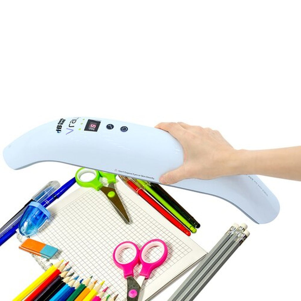 HygenX Vray cordless UV-C sanitizer cleaning classroom supplies, kills 99.9% bacteria, perfect for schools and offices.