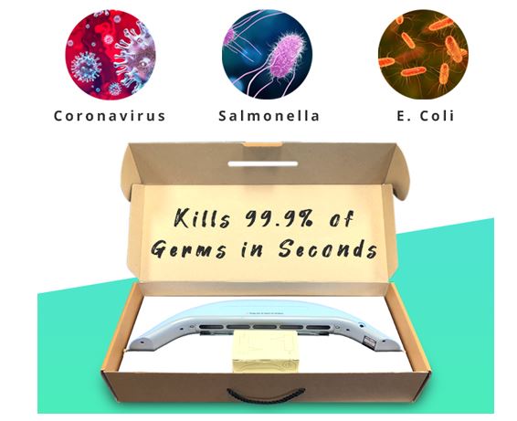 HygenX Vray UV-C sanitizer kills 99.9% of germs like Coronavirus, Salmonella, and E. Coli safely and quickly.