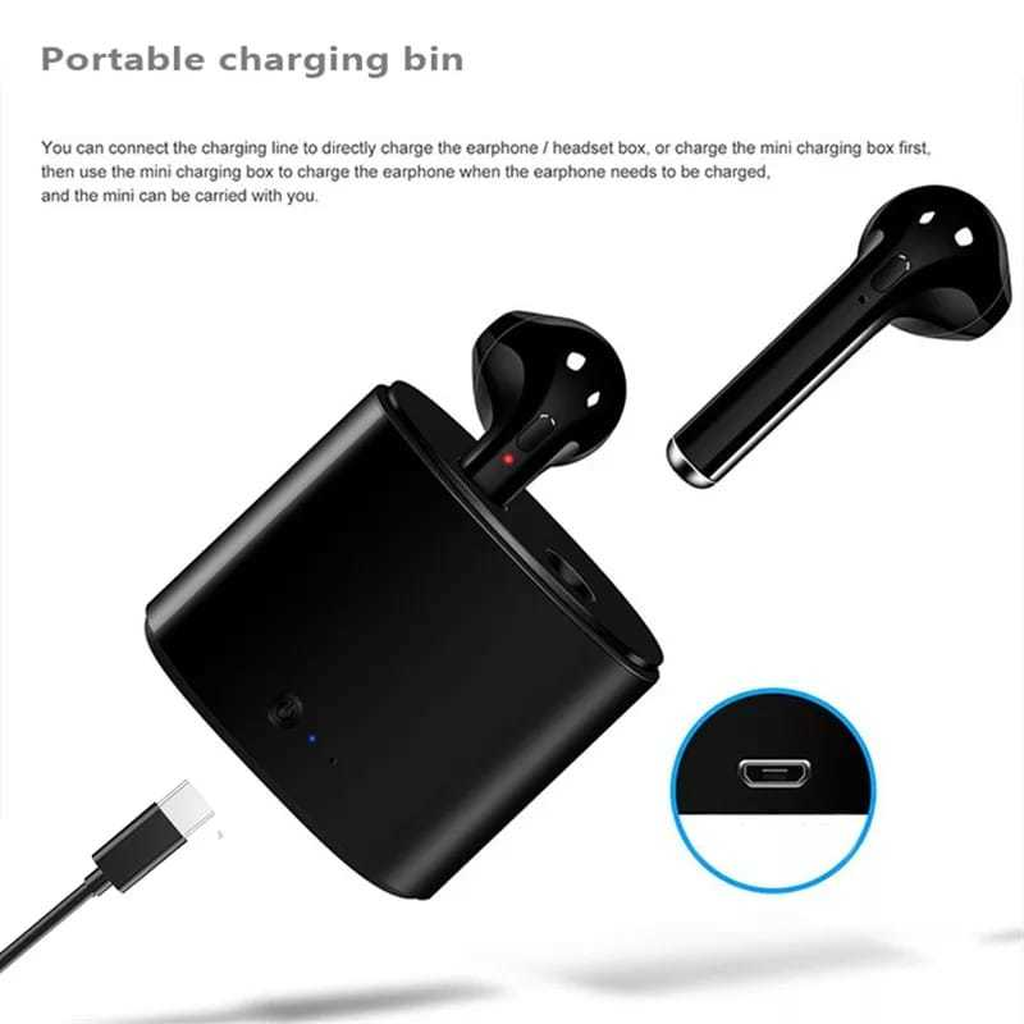 Portable charging bin for wireless earbuds, showcasing USB-C connection for convenient charging and storage.